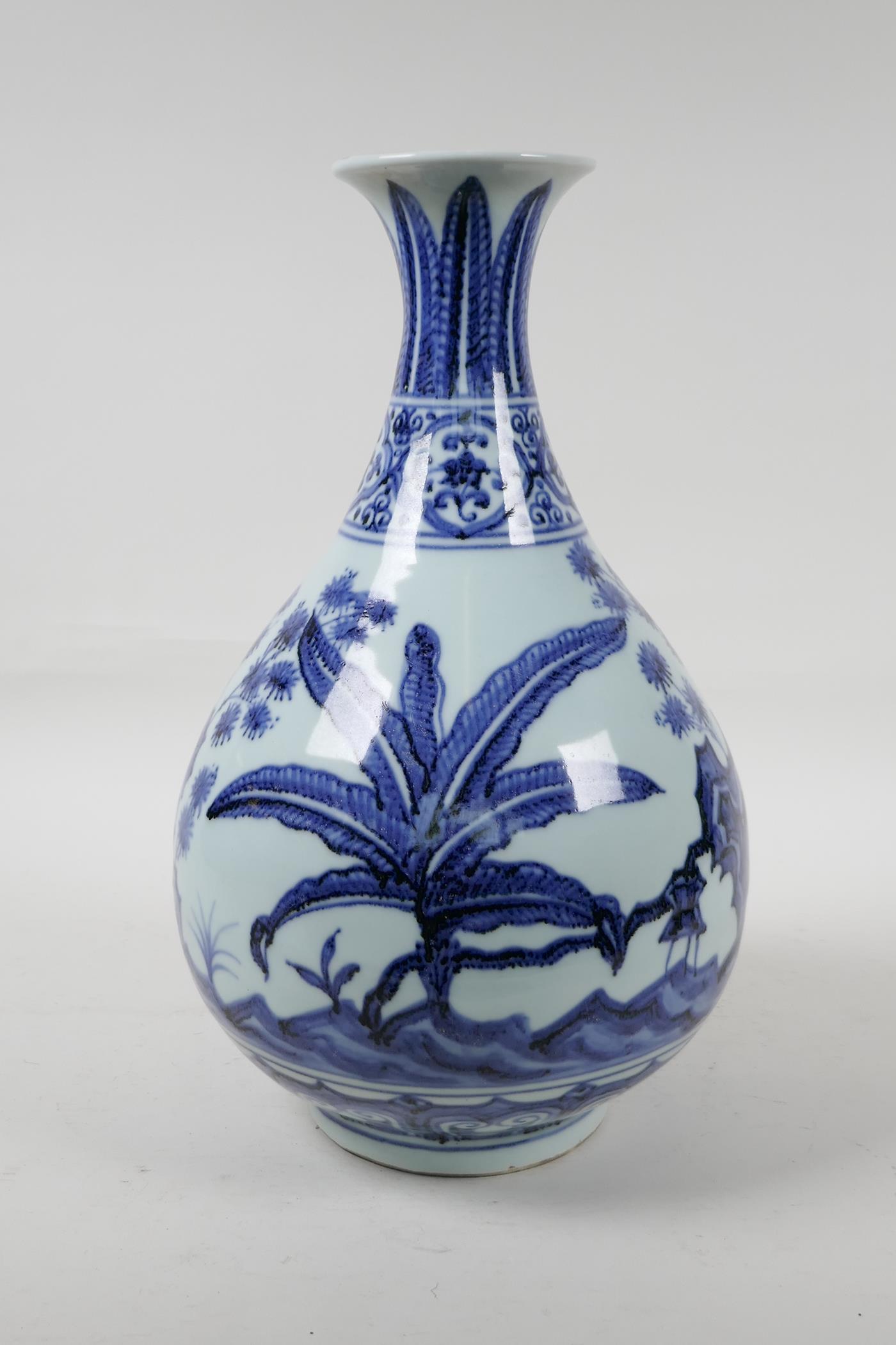 A Ming style blue and white porcelain pear shaped vase decorated with foliage, Chinese six character - Image 3 of 6