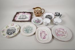 A collection of C19th lustreware porcelain to include  a Sunderland 'Flying Cloud' plaque, 9" x