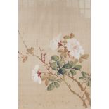 A Chinese painting on silk depicting a white rose, signed with a seal mark, 11" x 13½"