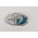 A silver plated vesta case in the form of a fish, with enamelled detail, 2½" x 1½"