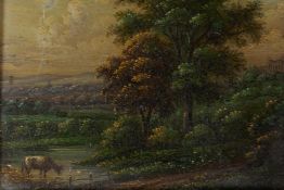 A C19th miniature landscape painting on copper in giltwood frame, inscribed G. Glover, 2½" x 2"