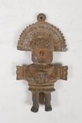 An antique South American bronze figure in a headdress, 5" high