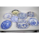 C19th English blue and white pottery rare patterns to include 'Dancing Bear', 'Ponte Rotto', '