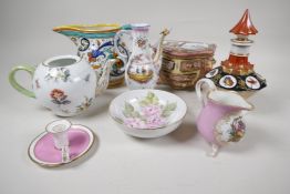 A quantity of continental pottery and porcelain including a Herend teapot (lacks lid), enamelled