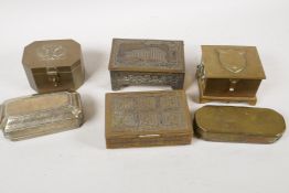 Six brass trinket boxes including embossed and musical, largest 5" long