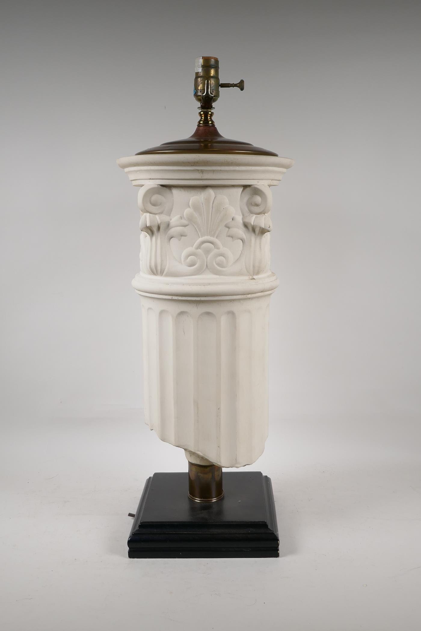 A ceramic and brass mounted table lamp in the form of a Corinthian column capital, 26" high - Image 4 of 4