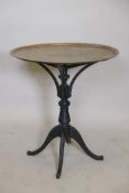 A brass tray top occasional table on ebonised Arts and Crafts pedestal base, 28½" high, 26½"