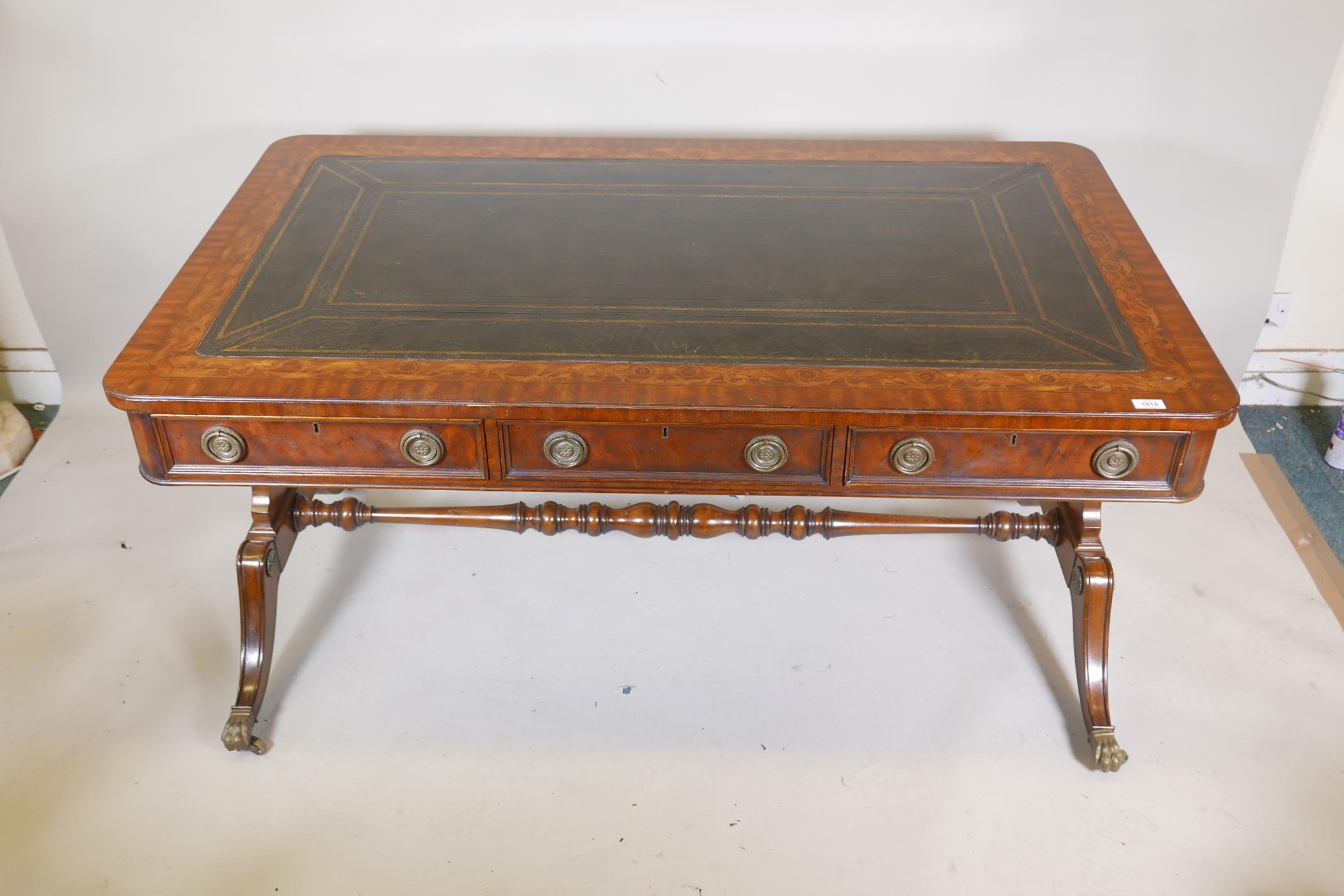 A Regency style mahogany six drawer partner's library table, with leather inset top, bears label - Image 2 of 7