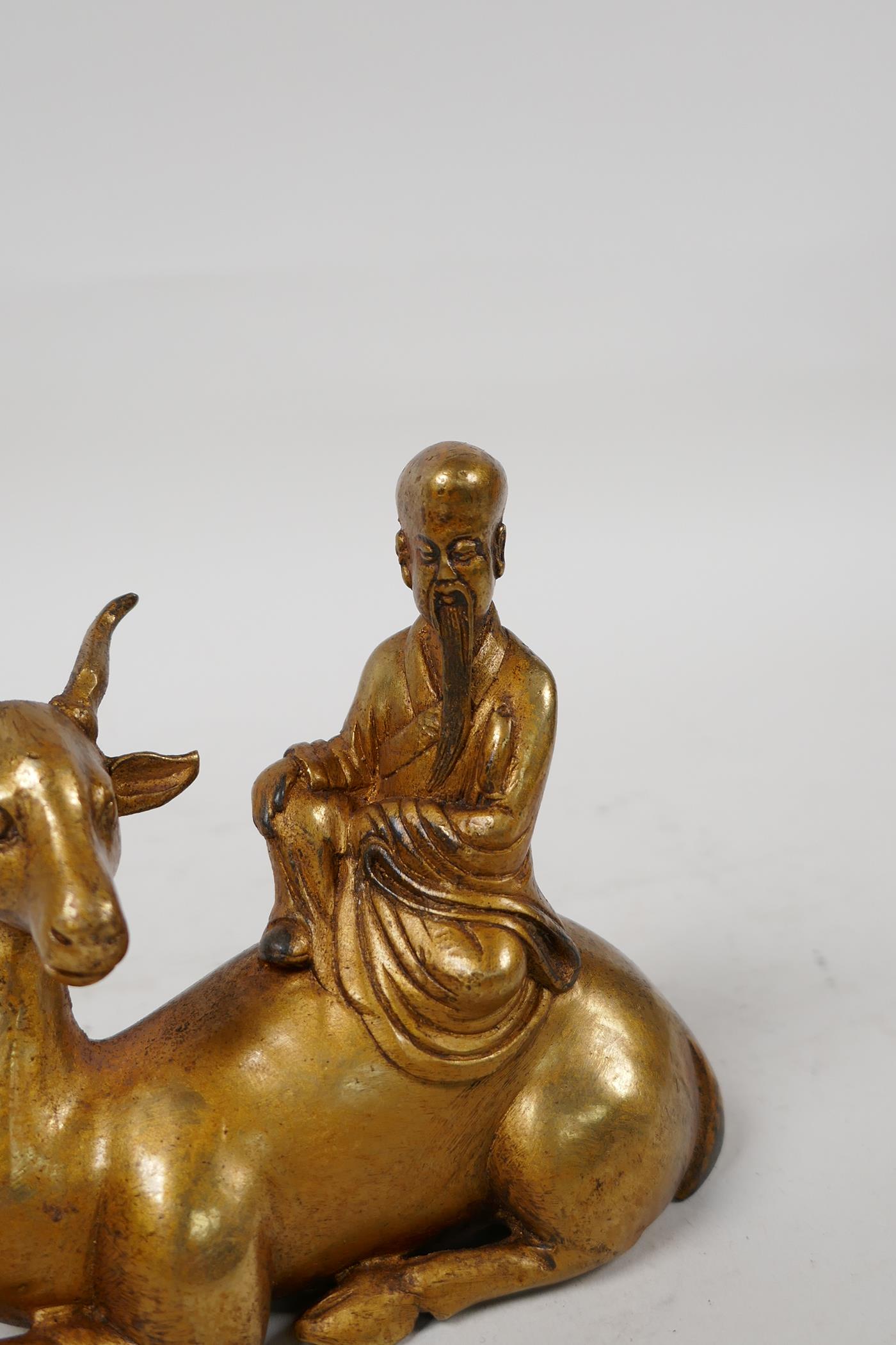 A Chinese gilt bronze of Shao Lao riding a deer, 5" long, 4" high - Image 2 of 5