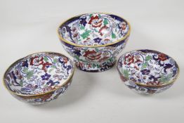 An Amhurst Japan pattern ironstone China pedestal bowl, 9" diameter, and two smaller matching bowls