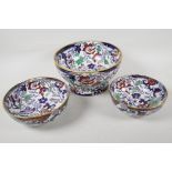 An Amhurst Japan pattern ironstone China pedestal bowl, 9" diameter, and two smaller matching bowls