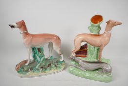 A Staffordshire flat back figure of two greyhounds by a tree, 11" high, and another of a coursing