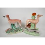 A Staffordshire flat back figure of two greyhounds by a tree, 11" high, and another of a coursing