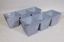 A pair of three section galvanised metal planters, 9" x 9" x 7"