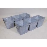 A pair of three section galvanised metal planters, 9" x 9" x 7"