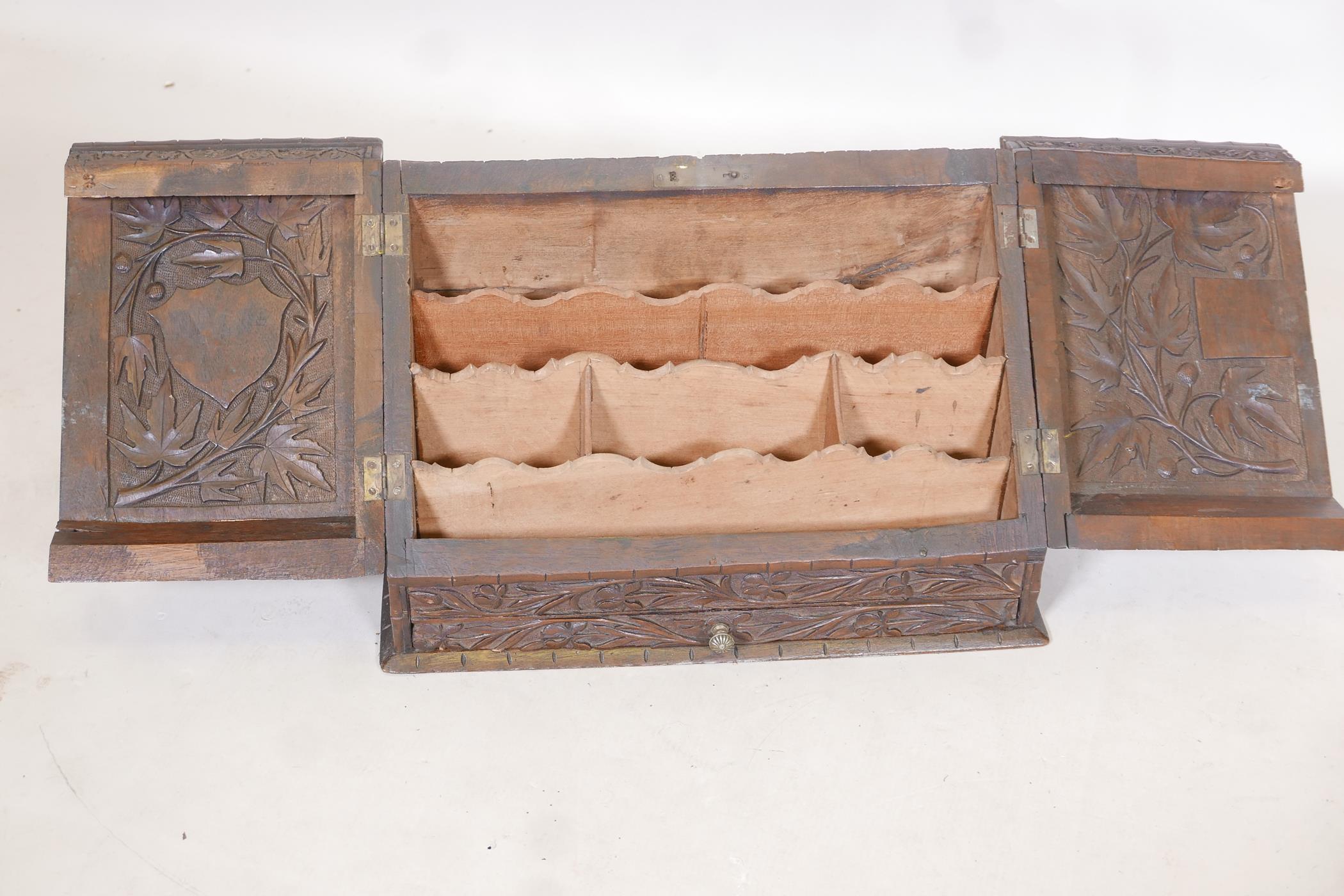 A C19th Anglo Indian wood stationery box with fall front and two doors over a single drawer, well - Image 3 of 7