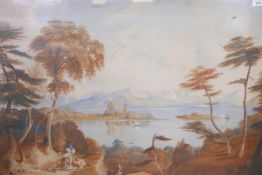 Landscape with view of a Scottish Loch and castle, possibly Kilchurn on Loch Awe, C19th watercolour,