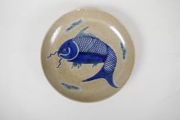 A Chinese blue and white crackleware fish dish, A/F, 10" diameter