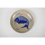 A Chinese blue and white crackleware fish dish, A/F, 10" diameter