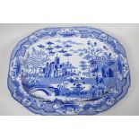 A C19th Spode 'Gothic Castle' pattern blue and white meat plate, 20" x 15"