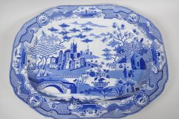 A C19th Spode 'Gothic Castle' pattern blue and white meat plate, 20" x 15"