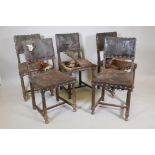 Five C19th French leather back chairs, with fluted legs, A/F for restoration, 34" high