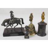 Napolean Bonaparte related items: a figure on horseback, 6" long, a figure on a plinth, a bronzed