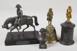 Napolean Bonaparte related items: a figure on horseback, 6" long, a figure on a plinth, a bronzed