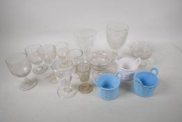 A quantity of C19th glasses and three milk glass basket posey holders