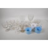A quantity of C19th glasses and three milk glass basket posey holders