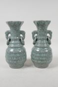 A pair of celadon Ge ware two handled vases, seal mark to base, Chinese, 8½" high