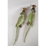 A pair of enamelled porcelain parakeet wall sconces with gilt metal mounts, 18½" long