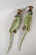 A pair of enamelled porcelain parakeet wall sconces with gilt metal mounts, 18½" long