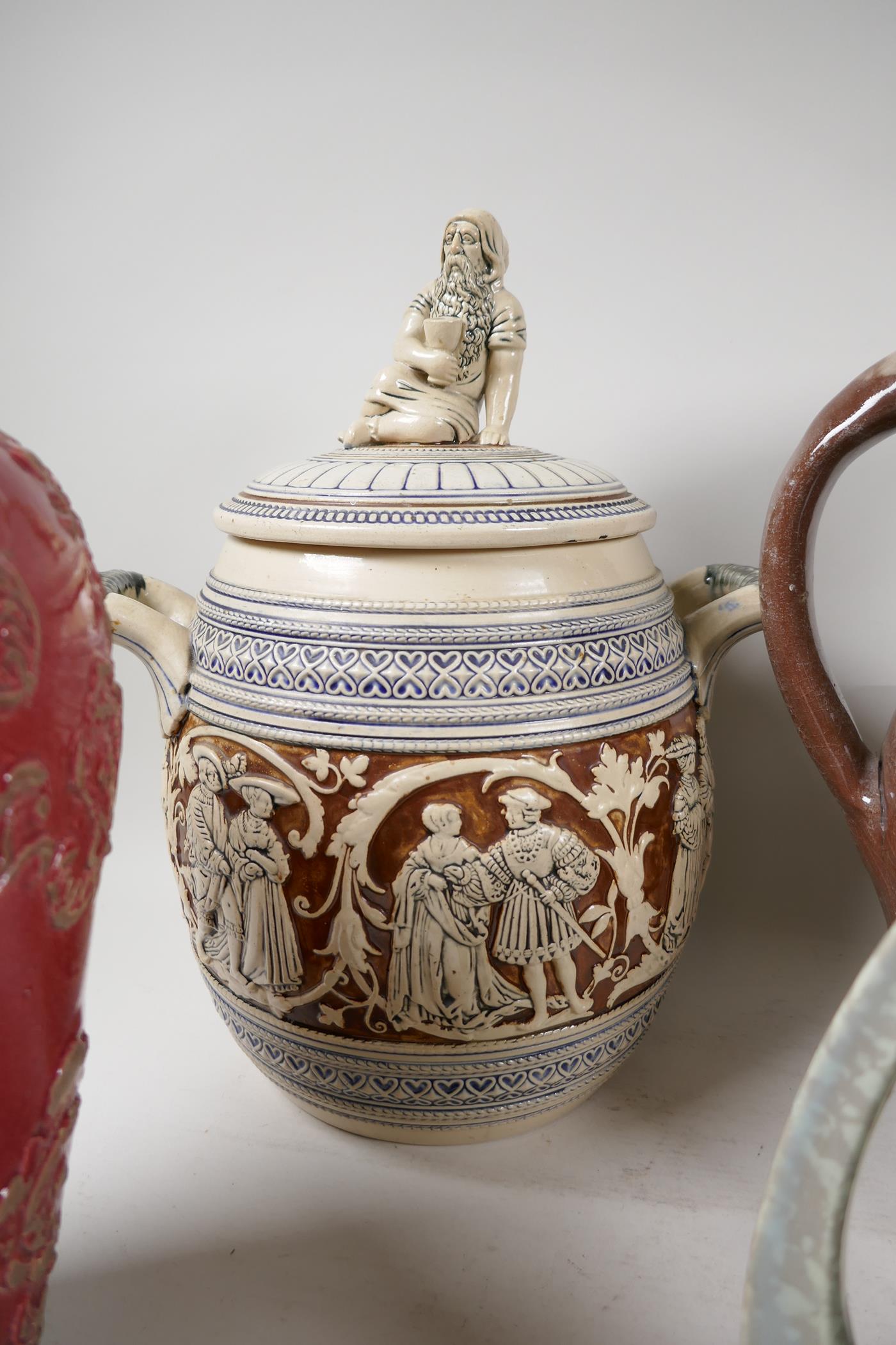 A Wattisfield ware pottery jug, 13" high, a German stoneware jar and cover, and two continental - Image 4 of 5