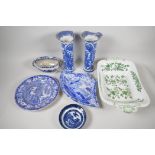 A quantity of C19th blue and white pottery A/F, and a green and white serving tureen