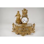 A French ormolu and alabaster mantel clock with enamel dial and Roman numerals, surmounted by a