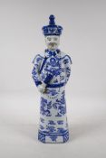 A blue and white porcelain figure of Chinese dignitary, impressed seal mark to base, 17" high