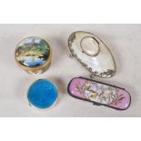 A hallmarked silver and enamel patch box, 1½" diameter, a shell and white metal pill box and two