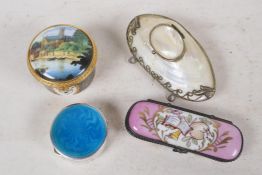 A hallmarked silver and enamel patch box, 1½" diameter, a shell and white metal pill box and two
