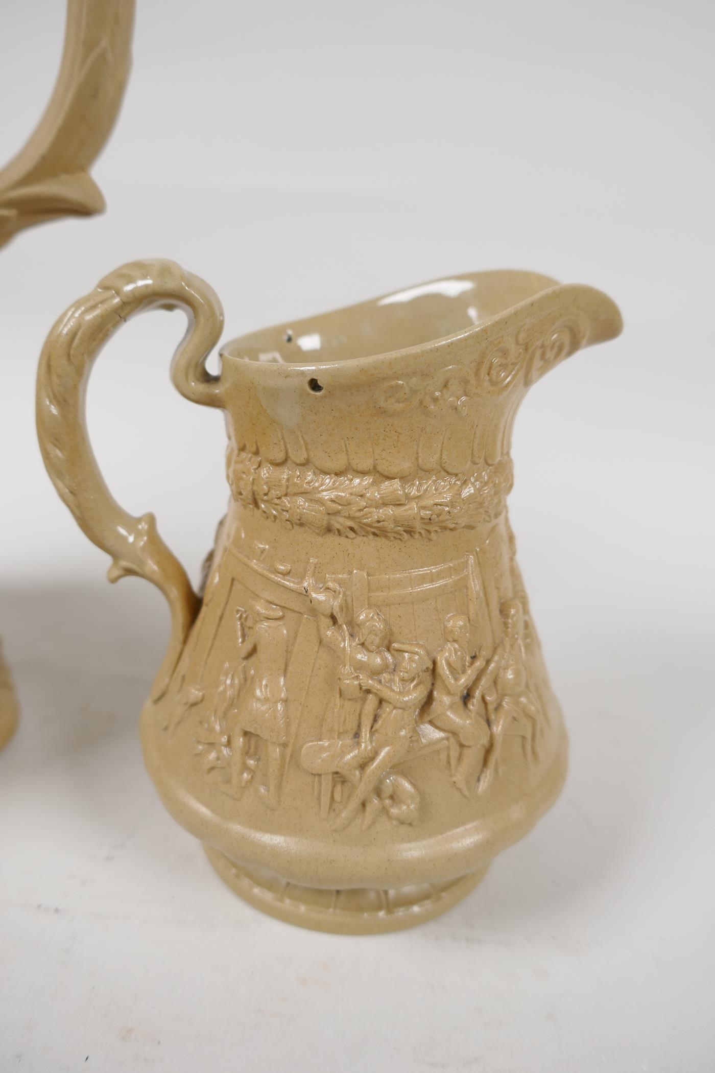 A C19th stoneware jug moulded with figures and fruiting vines, with sandstone matt glaze and - Image 4 of 6