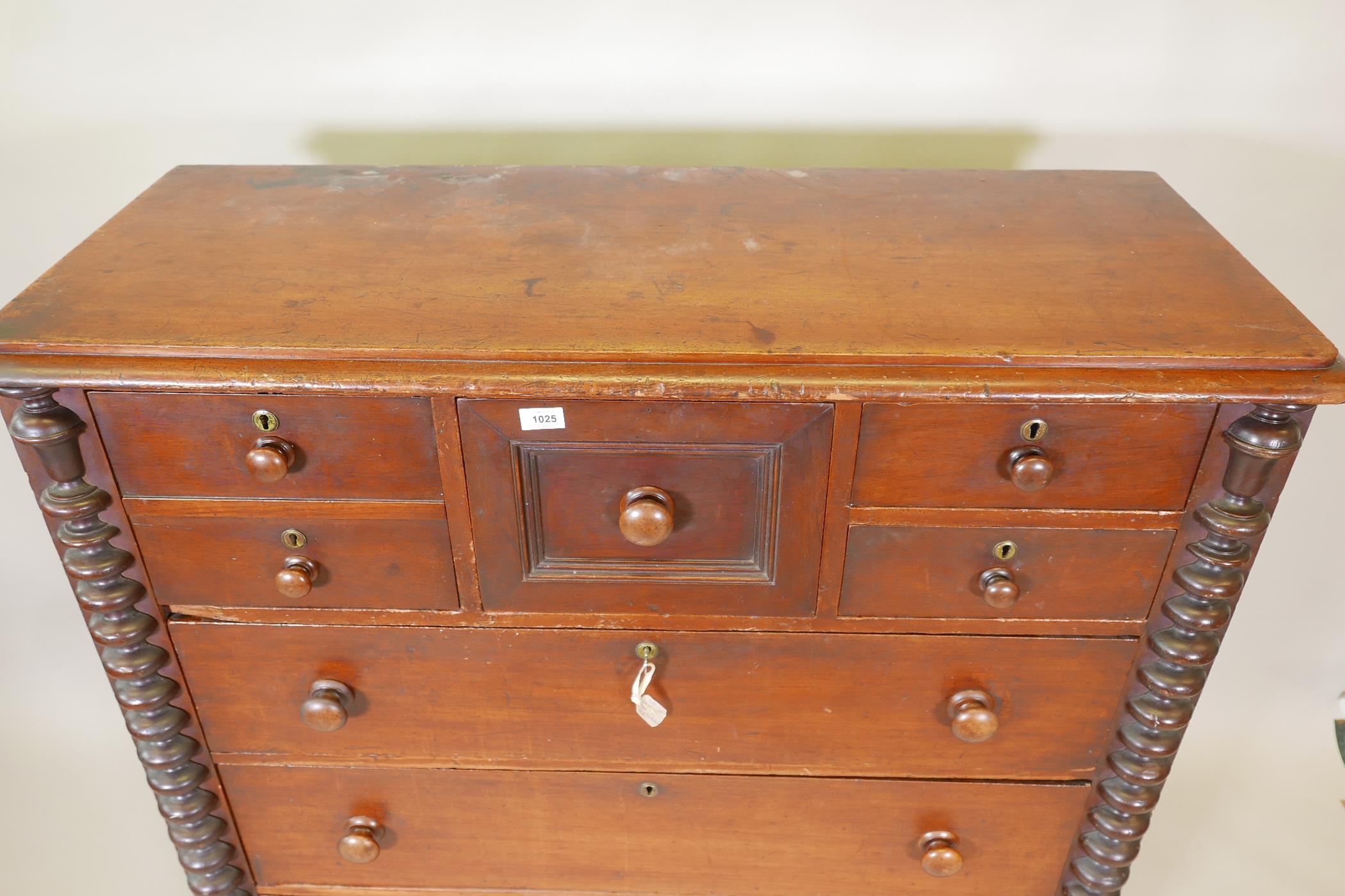 A C19th mahogany Scotch chest of drawers with bobbin turned side columns and four small top - Image 3 of 4