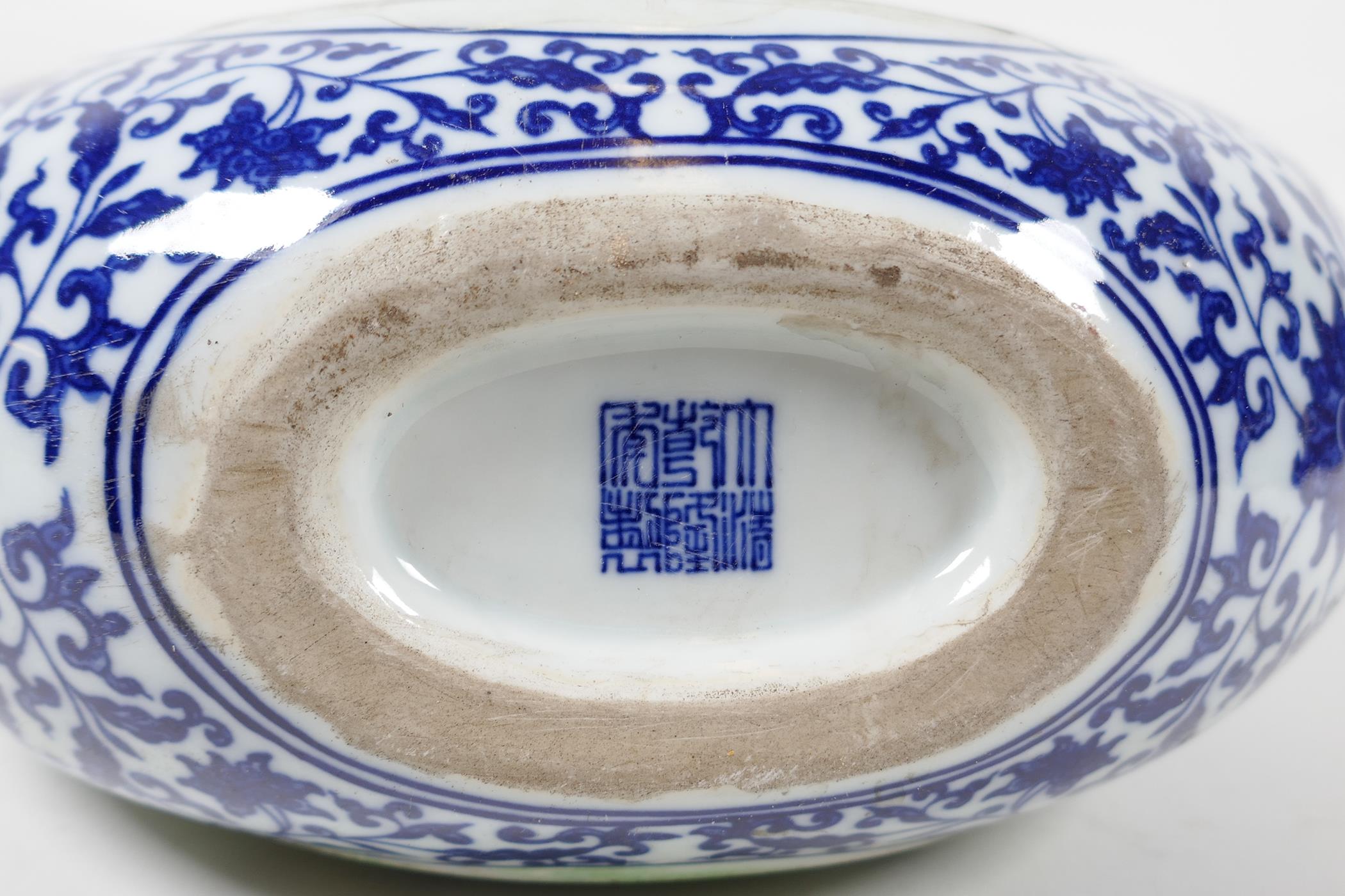 A Chinese blue and white porcelain triple stem moon flask with polychrome panels depicting a - Image 6 of 7