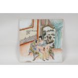 A Chinese polychrome porcelain panel decorated with an erotic image, 12" x 12"