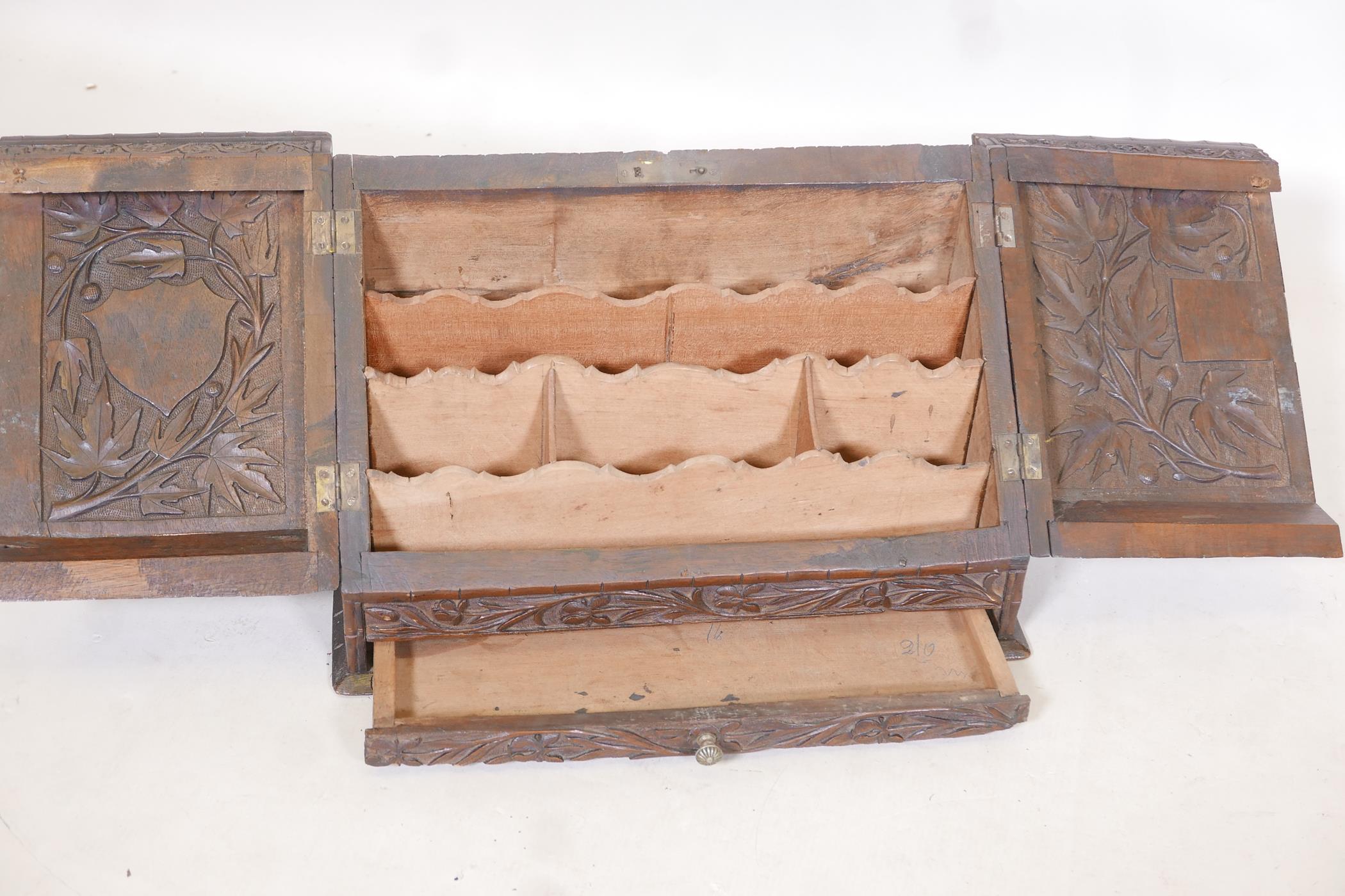 A C19th Anglo Indian wood stationery box with fall front and two doors over a single drawer, well - Image 4 of 7