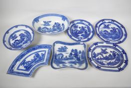 Seven pieces of C19th blue and white pottery, 'Boy on a Buffalo' pattern, to include a shaped