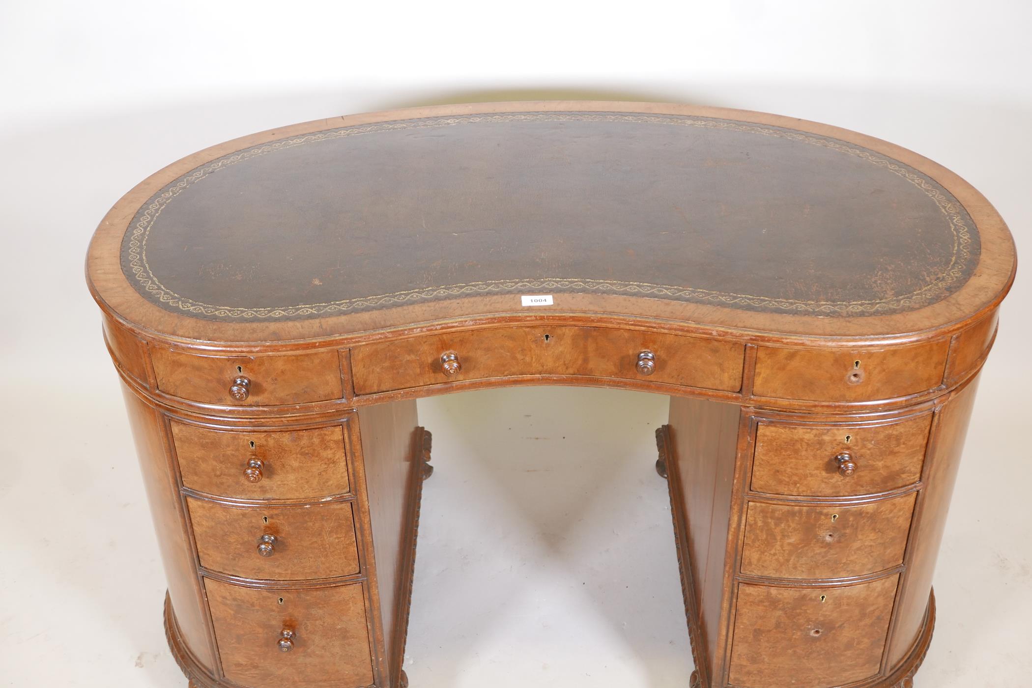 A late C19th/early C20th walnut kidney shaped pedestal desk with leather tooled top and nine drawers - Image 2 of 4