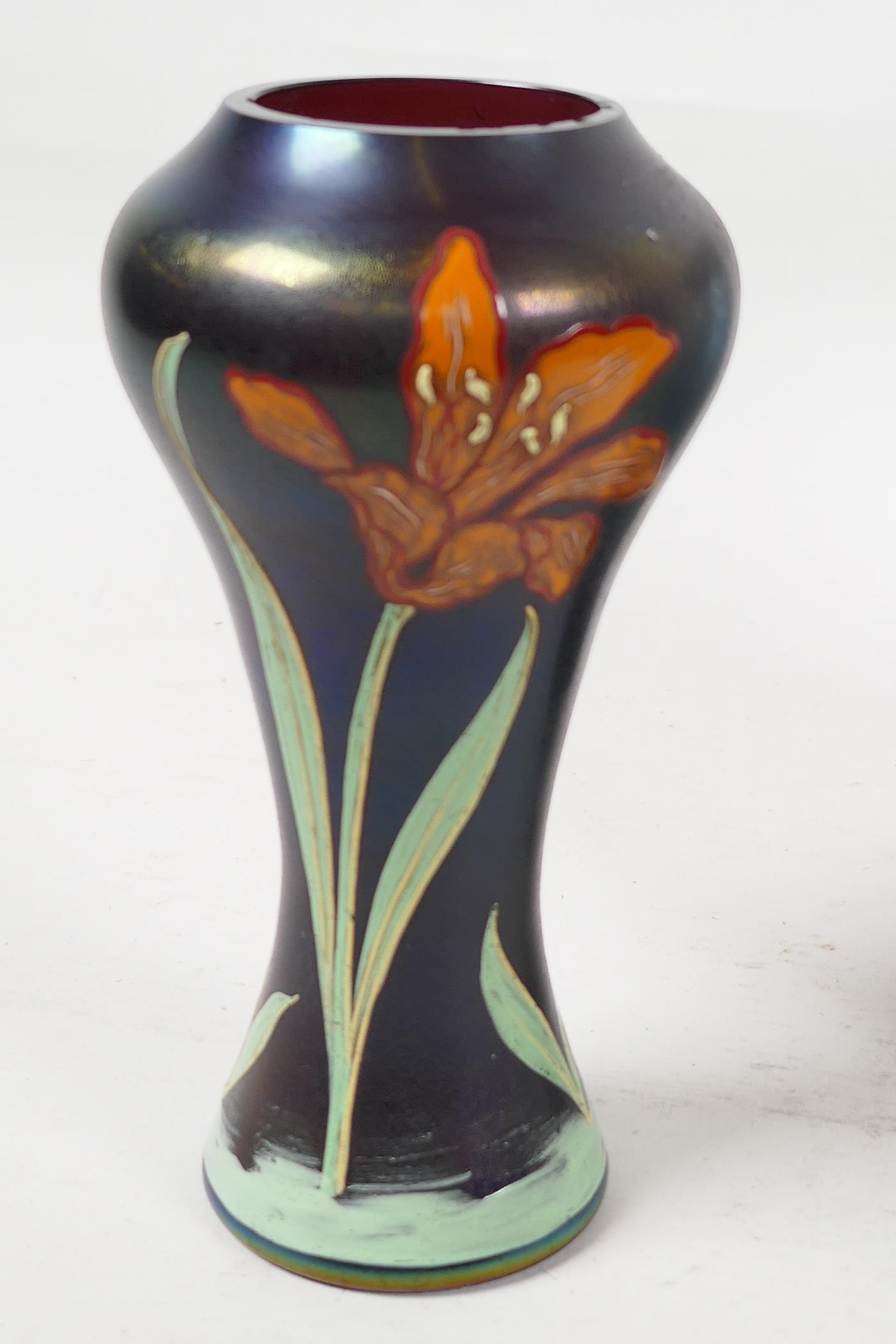 An Art Nouveau studio glass vase decorated with enamelled lilies, 6" high, a lustre ware studio - Image 3 of 4
