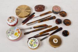 A collection of late C19th/early C20th faux tortoiseshell manicure tools and make up pots,  two