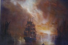 Graham Hedges, three masted sailing ship at sunset, oil on canvas, signed, 15" x 12"