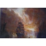 Graham Hedges, three masted sailing ship at sunset, oil on canvas, signed, 15" x 12"